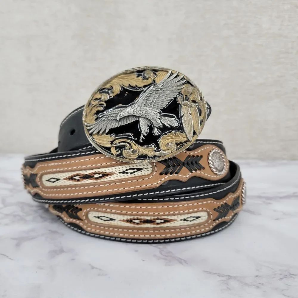 Siskiyou Eagle Oval Belt Buckle and Size 46 Leather Western Belt Cowboy